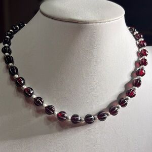 Handmade dark red garnet melon beaded necklace silver stardust beads 16 inches